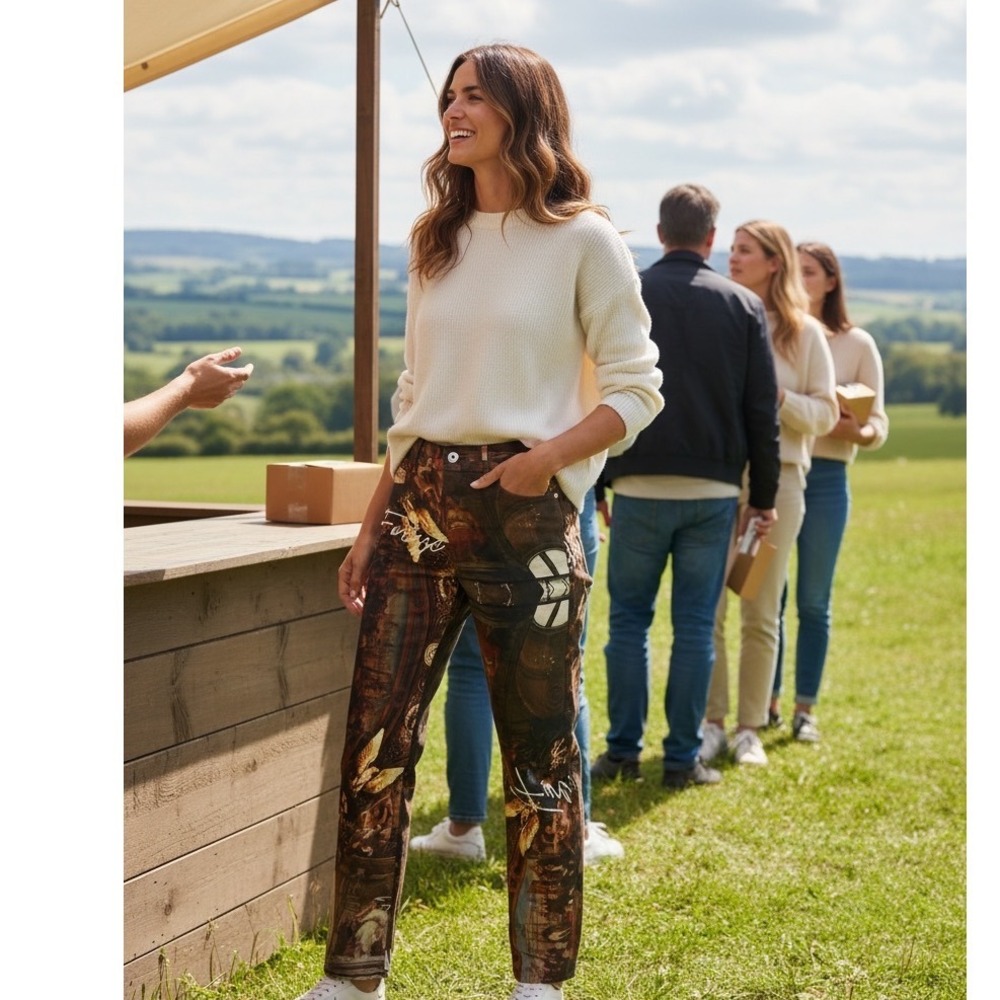 Finesse Renaissance Print High Waist Straight Leg Pants Brown Artistic Goth M